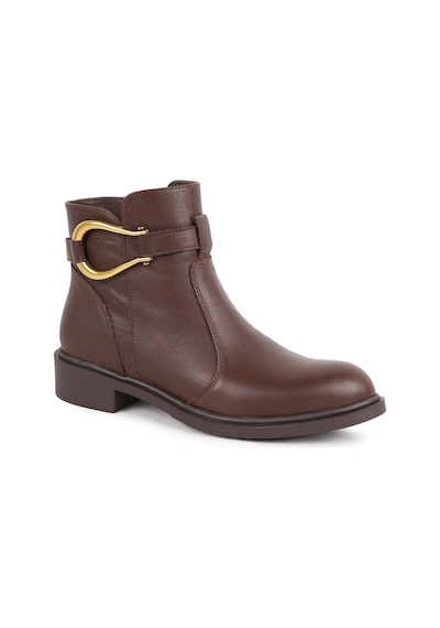 Mamma Mia Mammamia Kadın Bot 26k-8595 Kahverengi Hakiki Deri Bilek Kemerli Gold Metal Toka Detaylı Yan Fermuarlı Rahat Alçak Blok Topuk Kışlık Comfort Bootie Kahve
