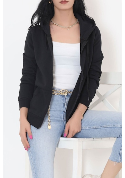 Bensu Store - Kapşonlu Fermuarlı Sweat Siyah - 11866.108. 001