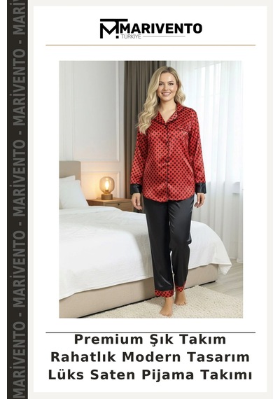 Marivento Premium Şık Takım Rahatlık Modern Tasarım Lüks Saten Pijama Takımı Siyah-Kırmızı