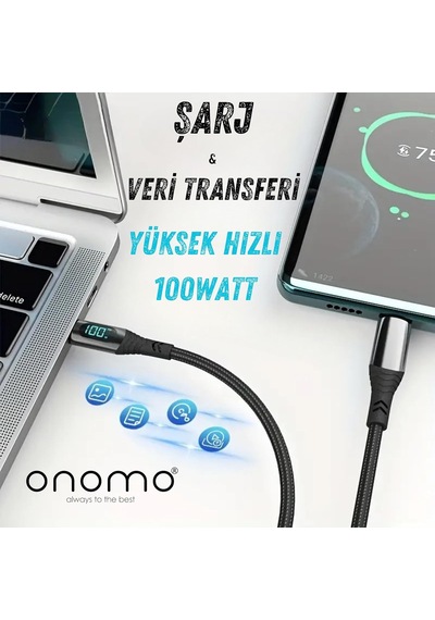 100w Type-c Dijital Göstergeli Şarj Ve Veri Kablosu, Örgülü, 1.2 Metre, Siyah Standart