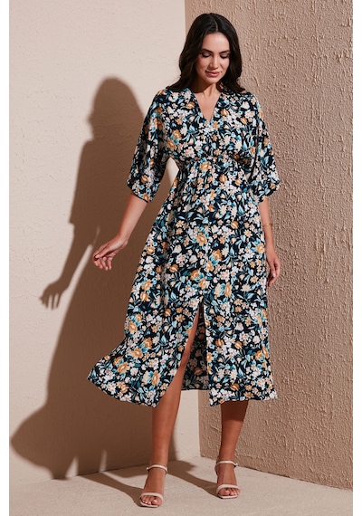 Lela Regular Fit V Yaka Desenli Midi Boy Bayan Elbise 67810573 Lacivert