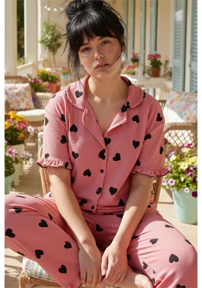 Siyah İnci Bürümcük-krınkıl Büyük Beden Düğmeli Pijama Takım26120826 Pembe