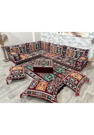 Coton Şark Köşesi Milas Desen Köşe Minder Takımı Bordo
