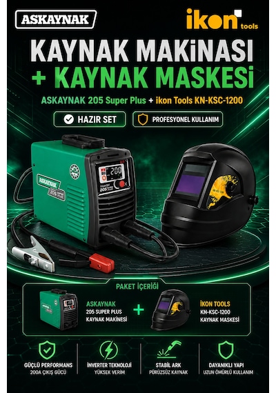 Askaynak 205 Super Plus İnverter Kaynak Makinesi + İkon Tools Kn-ksc-1200 Maske Seti