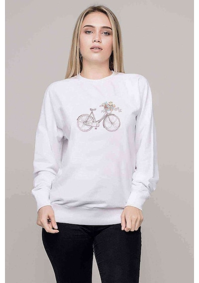 Sepeti Çiçeklerle Dolu Bisiklet Baskılı Beyaz Kadın Sweatshirt