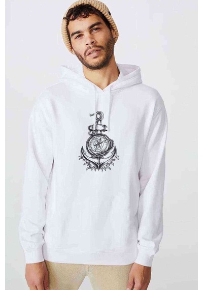 Gri Çapa Pusula Illüstrasyon Baskılı Beyaz Erkek Sweatshirt