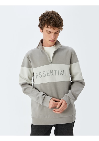 Koton Renk Bloklu Yarım Fermuarlı Pamuklu Slogan Baskılı Sweatshirt Gri 5sam70009mk Gri