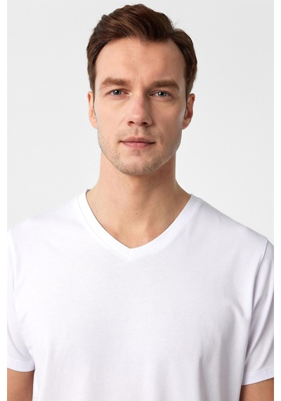 Süvari Beyaz Slim Fit Düz V Yaka Tişört Beyaz
