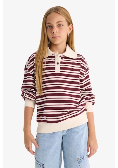 Defacto Kız Çocuk Relax Fit Polo Yaka Çizgili Uzun Kollu Okul Tişörtü F8399a825aubr194 Bordo