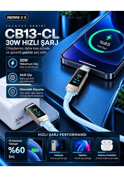 Remax Cb13-cl Thunder Serisi 30w Oled Ekranlı Bluetooth App Kontrollü Type-c To Lightning Hızlı Şarj Ve Data Kablosu 1.2 Metre Buz Mavisi