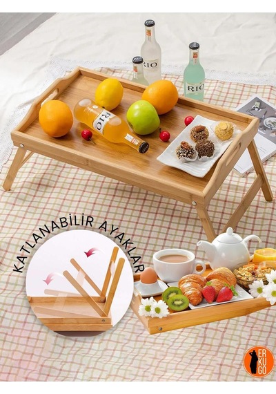 Katlanır Ayaklı Bambu Yatak Keyif Tepsisi 50cm 30cm , Portatif Tepsi Kahverengi