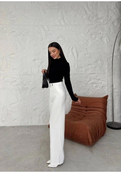 Satenmoda E&b Design Kadın Yüksek Bel Cırt Detay Palazzo Pantolon Beyaz