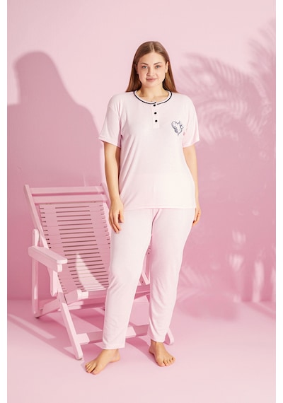 Rindahomewear Büyük Beden Fitilli Kısa Kol Pijama Takımı Pembe