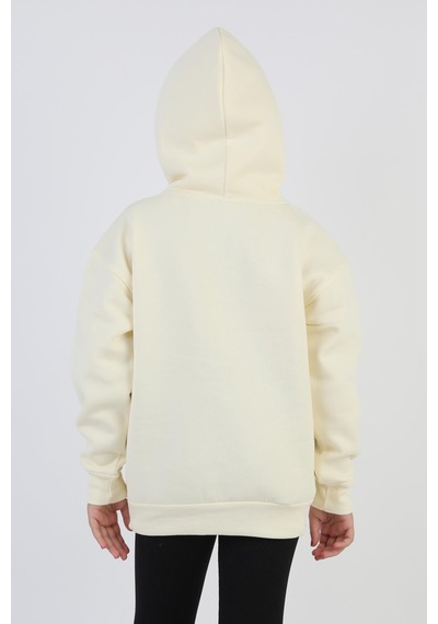 Kapşonlu Love Baskılı Kanguru Cepli Kız Çocuk Sweatshirt-90859 Krem