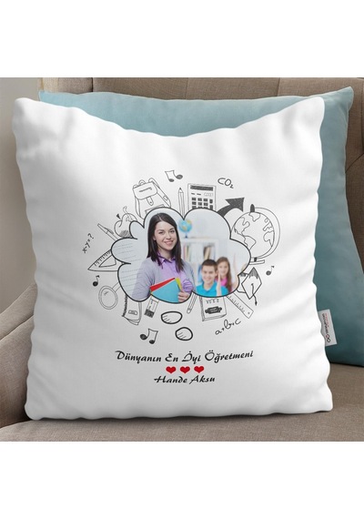 Bk Gift Kişiye Özel Dünyanın En İyi Öğretmeni Tasarımlı Beyaz Yastık - 4 Akgn11028 Renkli