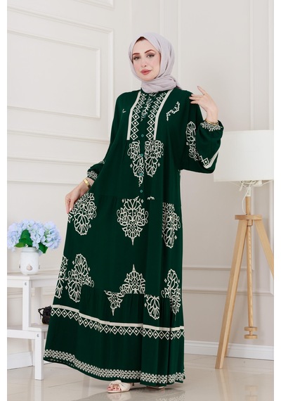 Sevitli Yarım Düğmeli Robalı Beyza Elbise-yeşil-5142