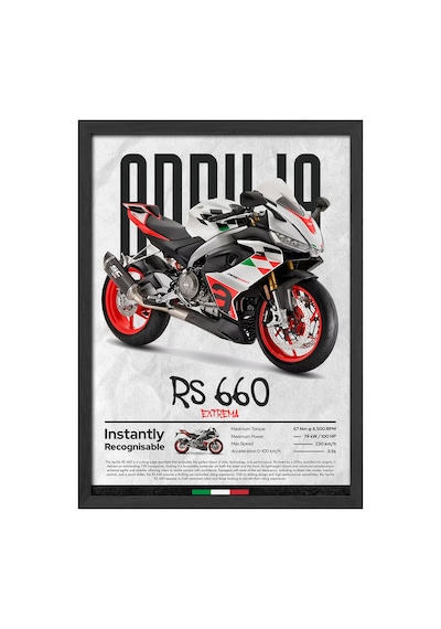 Aprilia Rs 660 Extrema Siyah Ahşap Çerçeveli Poster, Dekoratif Motosiklet Duvar Tablosu Çok Renkli