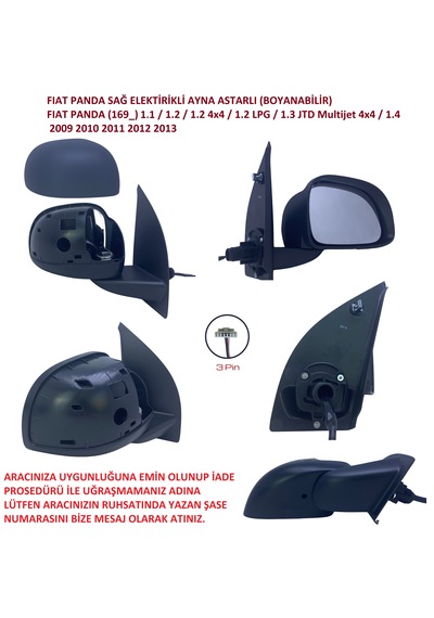 Fiat Panda Elektrikli Sağ Dış Dikiz Aynası 2009-2013 3 Pinli