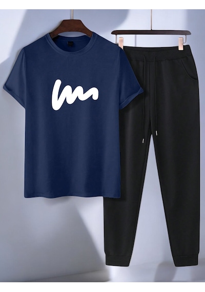 Uyguntarz Unisex W Yazı Tasarım Basklı Tshirt Eşofman Takımı Lacivert