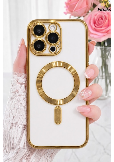 Fibaks iPhone 14 Pro Max Uyumlu Kılıf Kamera Lens Korumalı Magsafe Şarj Kilifi Şeffaf Renkli Yumuşak Kapak Gold