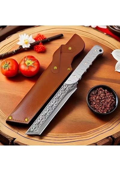 Valkyrie Paslanmaz Çelik Desenli Çok Amaçlı Mutfak Ve Kamp Bıçağı Kılıflı Dayanıklı Tasarım 33.8 Cm Siyah