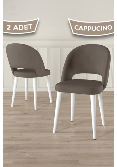 Canisa Pane Serisi 2 Adet Cappucino Mutfak Sandalyesi Babyface Kumaş Beyaz Ayak Cappucino Sandalye Beyaz Ayak
