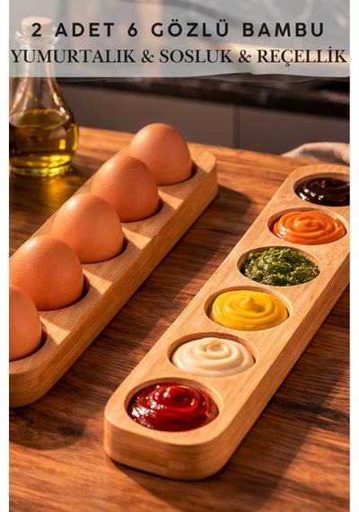 Bambu Yumurtalık 6 Lı Sosluk & Reçellik Seti 2 Li Kahvaltılık Sunumluk Açık Ahşap