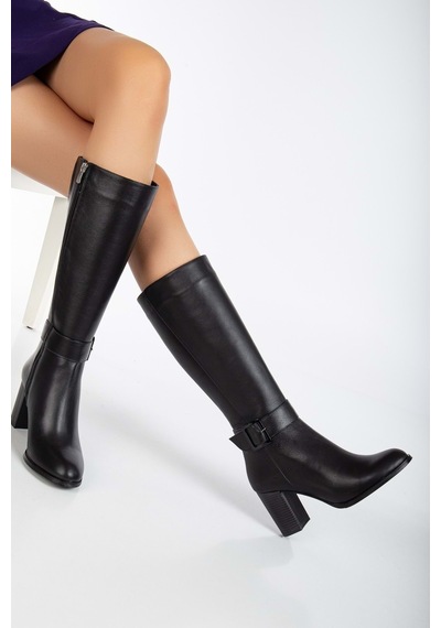 Analin Shoes Kadın Hakiki Deri Toka Detaylı Topuklu Çizme Siyah