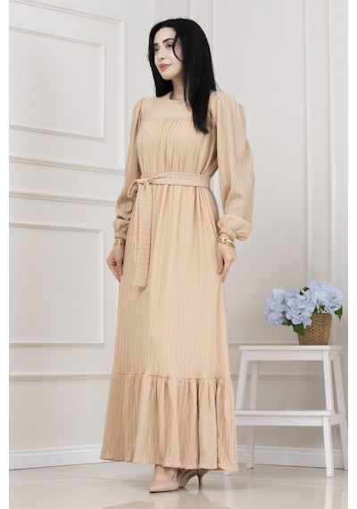 Sevitli Robalı Sahra Tesettür Elbise-krem-5505 Krem