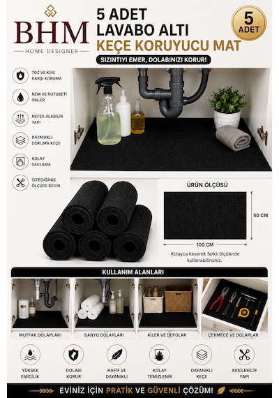 5'li Lavabo Altı Keçe Koruyucu Mat Su Emici Dolap Içi Örtü Kesilebilir Mutfak Ve Banyo Dolabı Matı 100x50cm Siyah