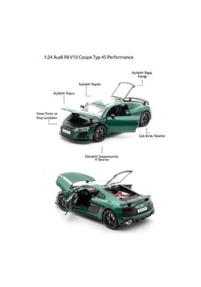 Mınıauto Audi R8 Yeşil 1:24 Metal Çek Bırak Kapıları Açılan Sesli Işıklı Araba Yeşil