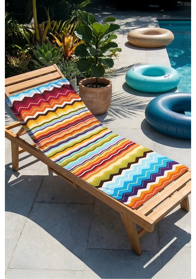 Renkli Geometrik Zigzag Çizgili Plaj Havlusu - Modern Turuncu Mavi Hızlı Kuruyan Mikrofiber Havlu Puslu Şafak