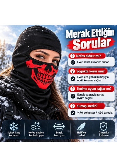Genel Unisex Kırmızı Kurukafa Desenli Balaklava Kar Maskesi Siyah Tam Kafa Boyunluk M Siyah / Standart