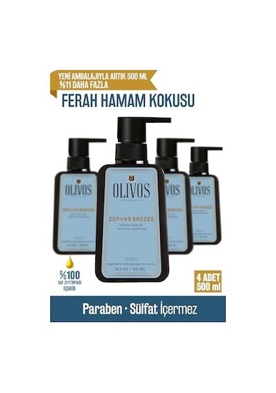 Olivos Zeytinyağlı Hamam Kokulu Sıvı Sabun - Derinlemesine Temizlik Ve Ferahlatıcı Bakım - Nemlendirici Ve Besleyici, Hassas Ciltler İçin İdeal, 500ml 4x500 Ml, Hamam Kokulu