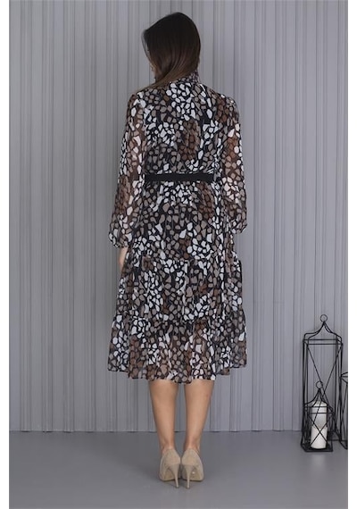 Dip Moda Kadın Kemerli Leopar Desenli Şifon Elbise Dpapcx04 Cok Renklı