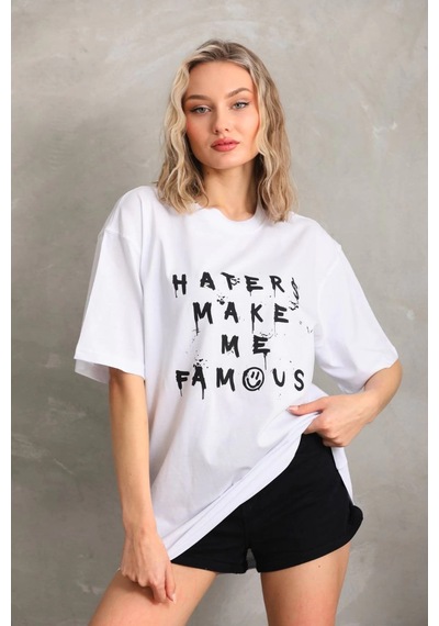 Primemagazam Kadın Ön Ve Arka Baskılı Oversize Kısa Kol T-shirt - Beyaz Çeşitli