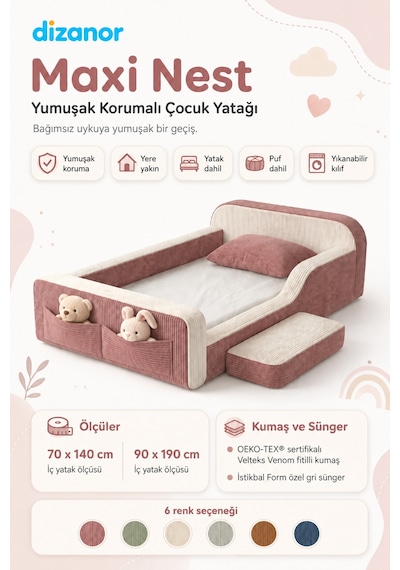 Dizanor Maxi Nest Pembe Fitilli Montessori Çocuk Karyolası Baza Başlık İç Yatak Seti 90 X 190 Cm