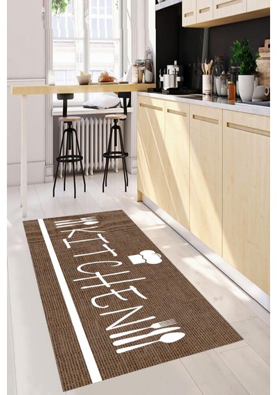 Dijital Baskılı Kahverengi Kitchen Desenli Dekoratif Yıkanabilir Kaymaz Taban Mutfak Halısı Çok Renkli