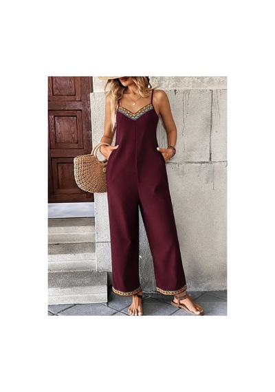 Butik İstanbul Kadın Ip Askılı V Yakalı Etnik Serit Desenli Cep Detaylı Janjan Krep Tulum Bordo