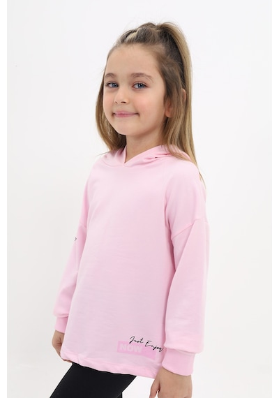 Toontoy Kız Çocuk Relax Fit Kapüşonlu Düşük Omuz Baskılı Sweatshirt - 2 İplik Pembe