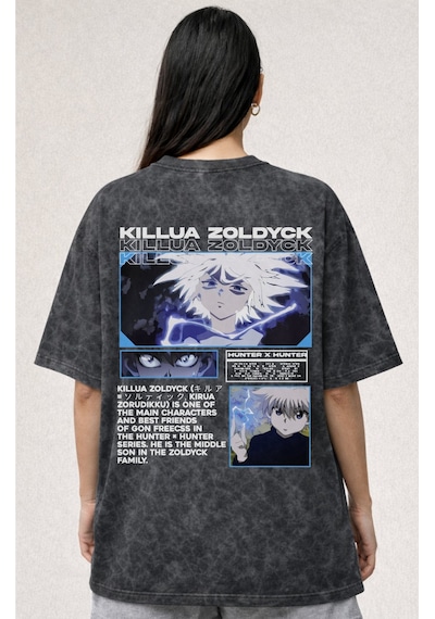Sevbano Killua Zoldyck Hunter X Hunter Anime Baskılı Unisex Oversize Vint Siyah
