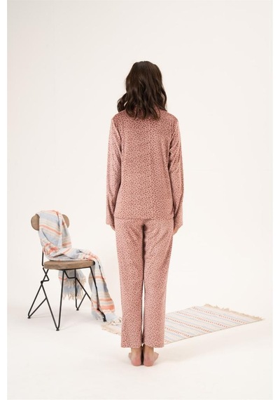 Estiva Desenli Önden Düğmeli Kadife Bayan Pijama Takım 001