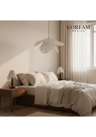 Breeze Modeli Beyaz Avize & Abajur Set - Hasır El Yapımı Bohem Avize 2'li Ahşap Ayaklı Rustik Abajur Set Beyaz