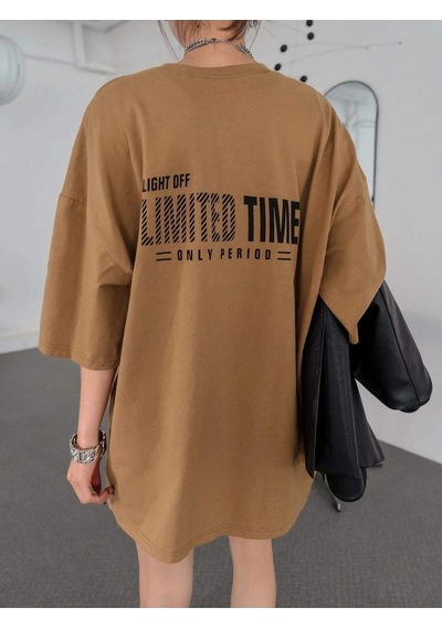 Flood Of Style Kadın Camel Oversize Limited Time Baskılı Tshirt Kahverengi