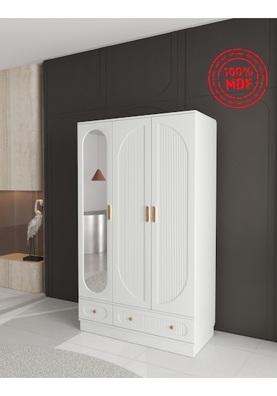 Soho 3 Kapaklı Çekmeceli Bazalı Gardırop - Tamamı Mdf Beyaz