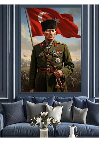 Atatürk Türk Bayrağı Altında Üniformalı Dekoratif Kanvas - Mdf Ahşap Tablo