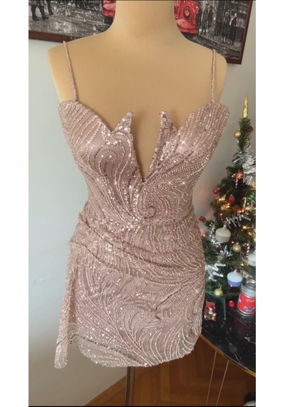 Chica Rosa Fashion Pul İşlemeli Göğüs Dekolteli Kısa Elbise Bronz