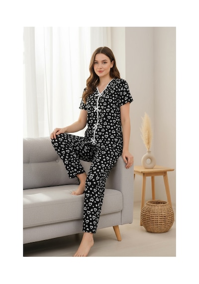 Fantezia Night Kadın Turuncu Kalp Desenli Fiyonklu Kısa Kollu Uzun Pijama Takımı Siyah