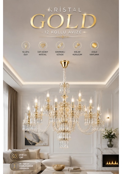 Modern Premium Şık Detaylı Klasik 12'li Gold Avize E14 Duylu Lüks Salon Avizesi Aydınlatma