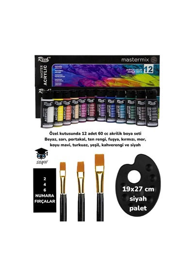 Rich Mastermix 12'li Akrilik Boya Seti 3 Aet Fırça Ve Büyük Siyah Palet Ahşap Boyama Sanat Seti 0000 Naturel
